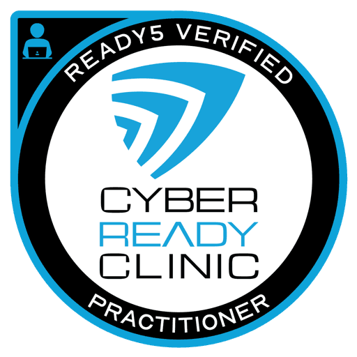 Ready5 Verified Practitioner badge: a blue and black circular mark reading Ready5 Verified, Cyber Ready Clinic, Practitioner.