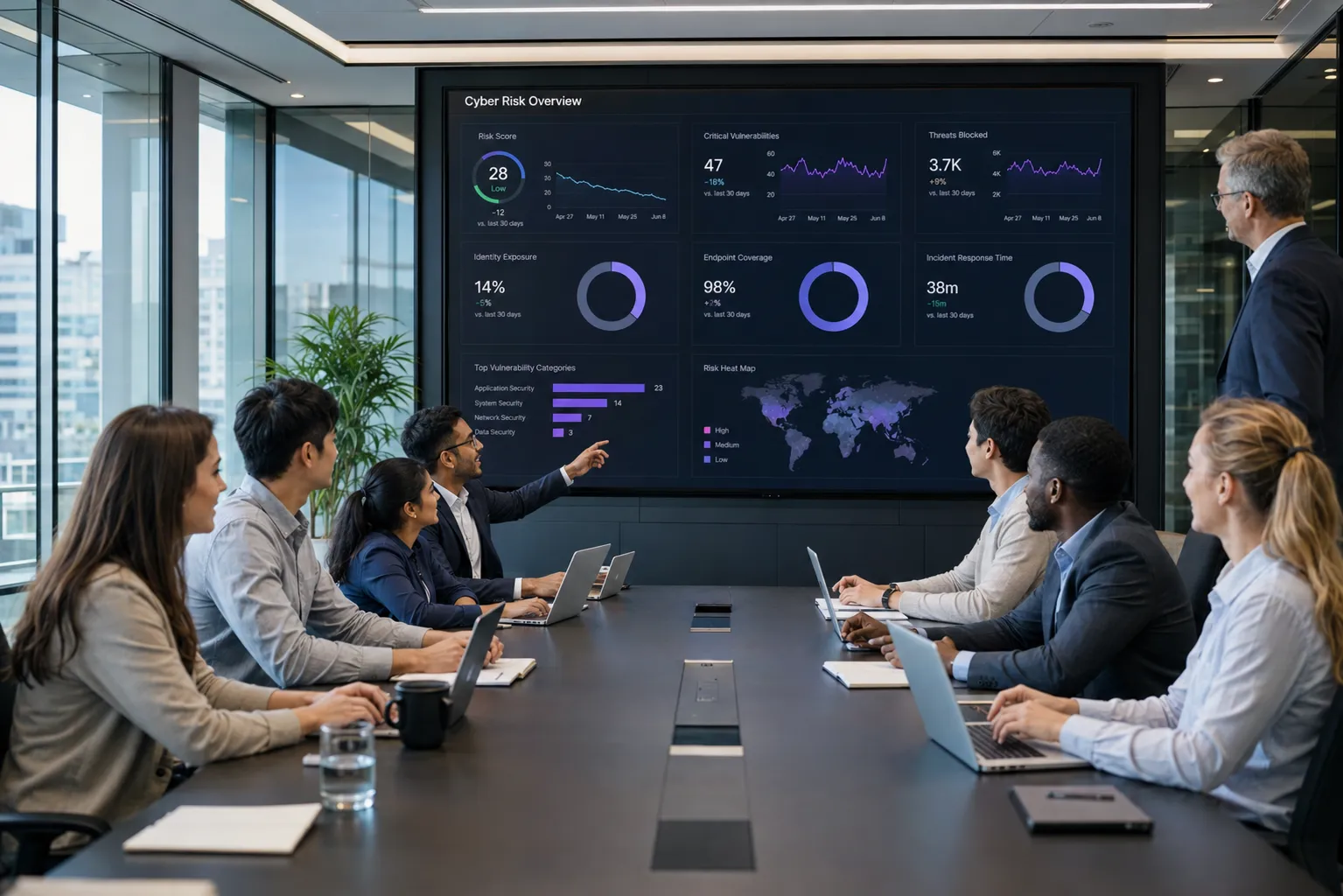 A nonprofit team around a boardroom table reviewing a cyber risk dashboard with an assessor.
