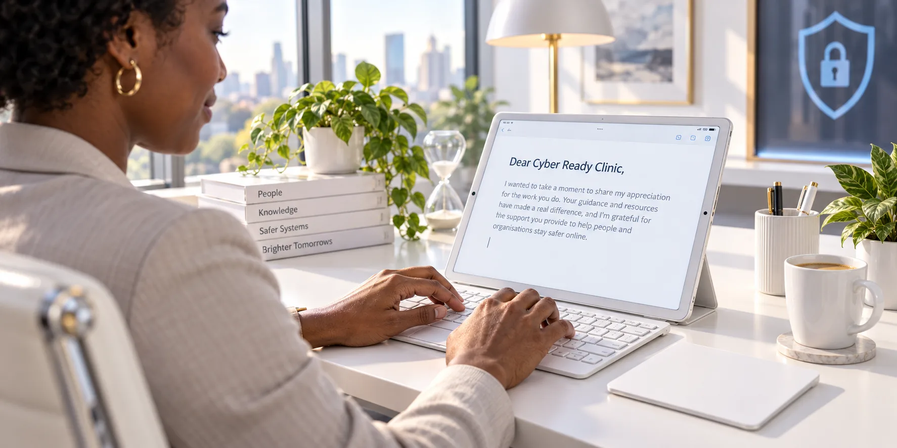 A woman at a sunlit desk typing a thank-you note to Cyber Ready Clinic on a tablet, a city skyline through the window behind her.