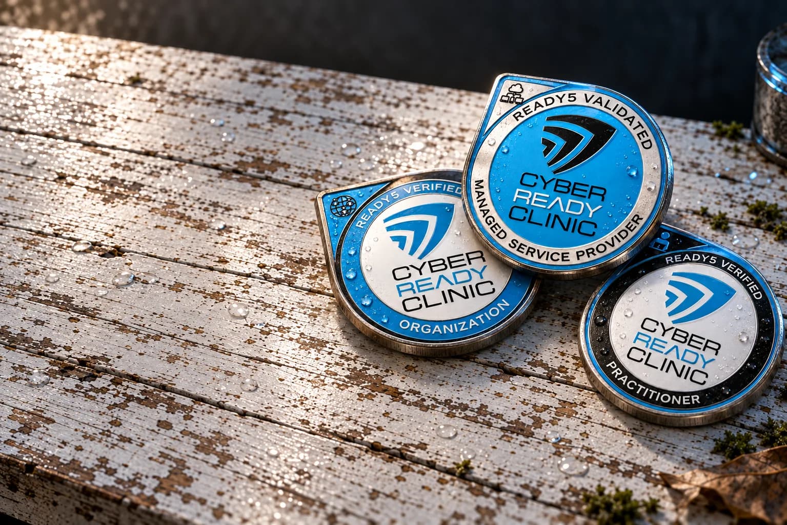 Three Cyber Ready Clinic medallions on weathered white wood: Ready5 Validated Managed Service Provider, Ready5 Verified Organization, and Ready5 Verified Practitioner.