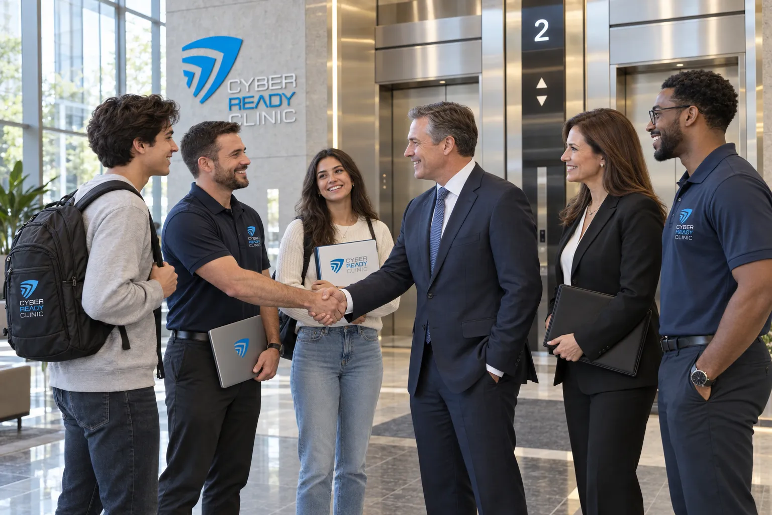 A nonprofit leader shaking hands with a Cyber Ready Clinic practitioner in an office lobby, with students and staff from the clinic team around them.