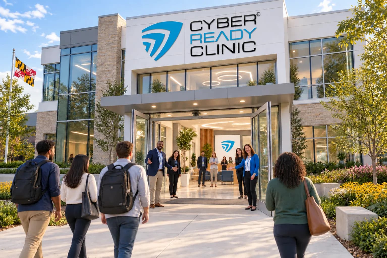 People walking up a landscaped path to a Cyber Ready Clinic building on a bright day, banners either side reading Cyber Ready People, Stronger Maryland.