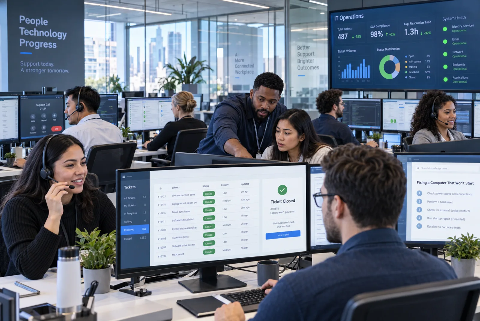 A staffed IT help desk: technicians in headsets working ticket queues, two colleagues reviewing a case together, and a wall board showing ticket volume and system health.