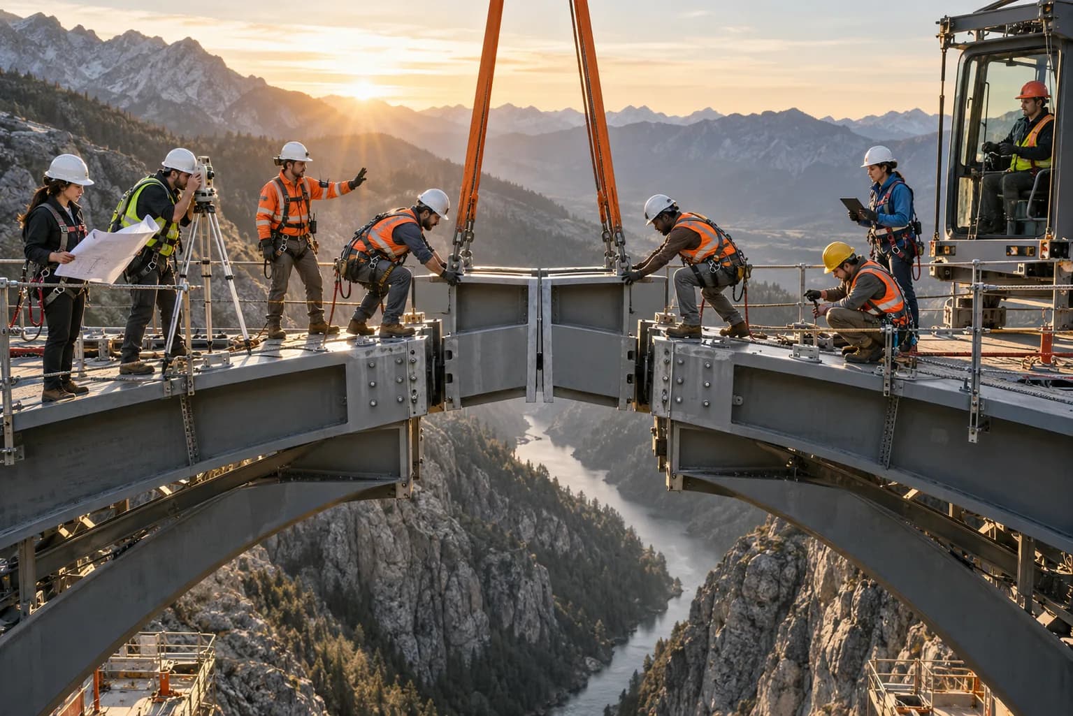 Two halves of a steel arch bridge meeting mid-air over a river gorge at sunrise, as a crew of surveyors, ironworkers and a crane operator guide the final beam into place.