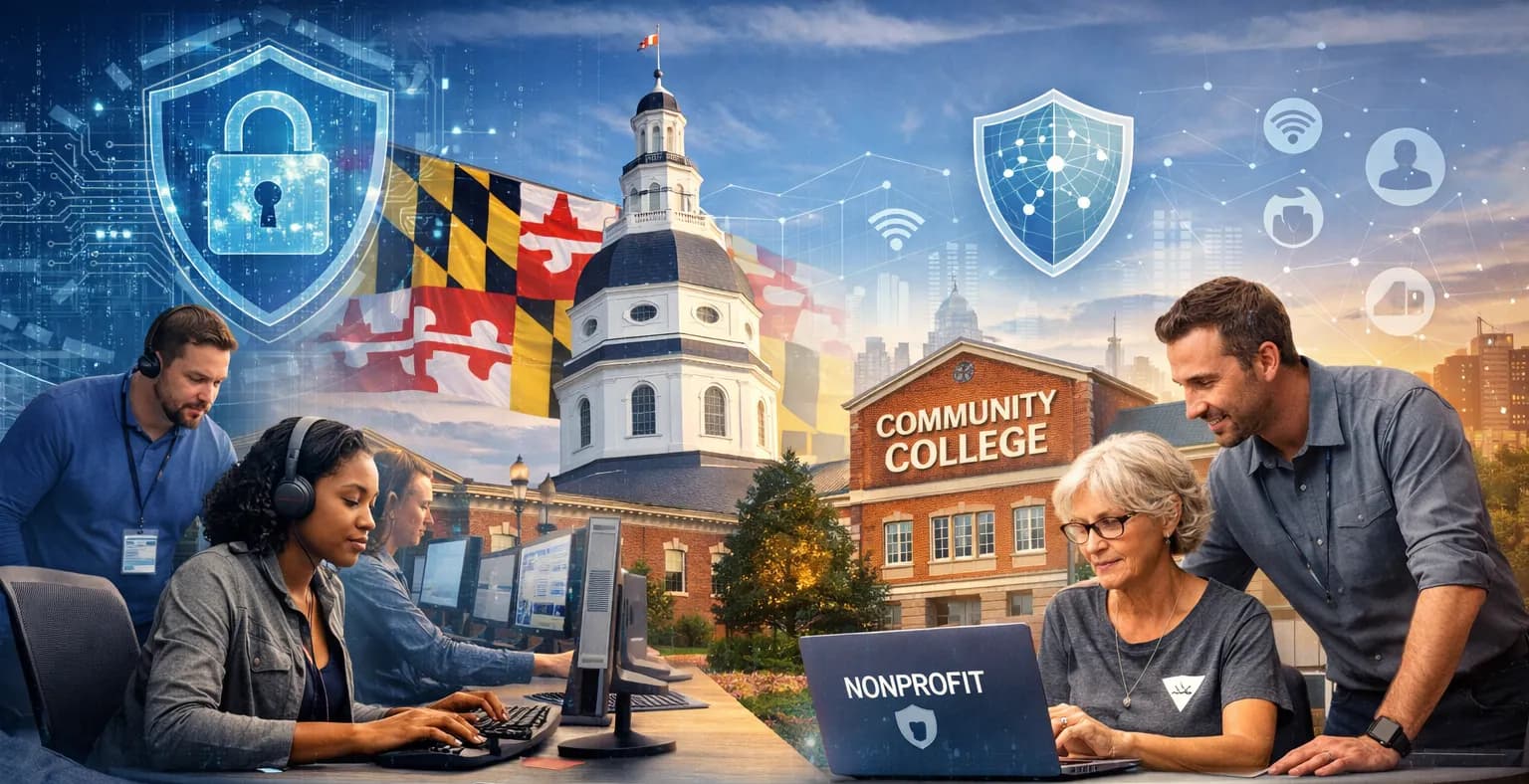 The Maryland State House and state flag behind a community college building, a student working in a security operations room, and a nonprofit worker at a laptop with a colleague helping.